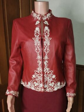 Pamela McCoy Red Leather Jacket with Cream Embroidered Trim And Pearls Medium